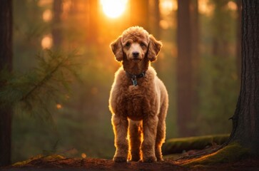 Poodle dog sitting, Professional wild life photography, in forest, sunset bokeh blur background, animals & birds, cinematic, wallpaper