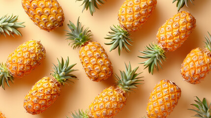 Fresh pineapples fruit arranged in a beautiful pattern on a simple background.