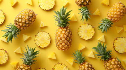 Fresh pineapples fruit arranged in a beautiful pattern on a simple background.