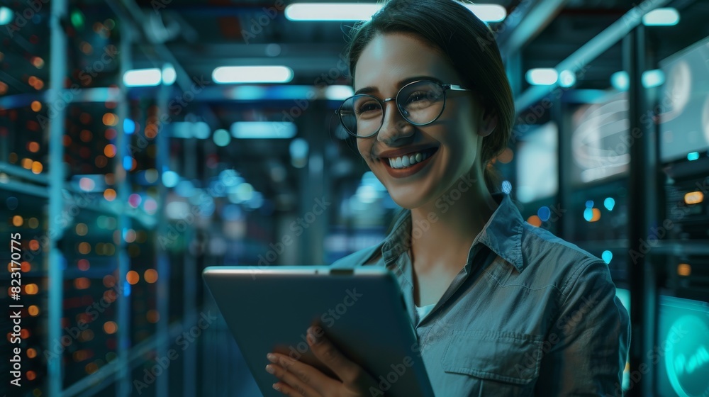 Poster an empowered it expert, software engineer, developer, or data scientist. using tablet computer, smil