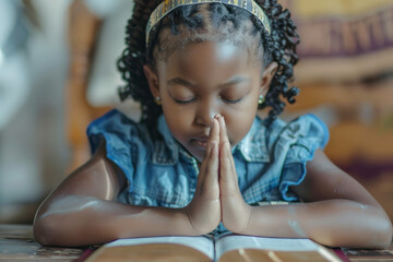 African American girl praying while sitting over the Bible. Religious concept.
