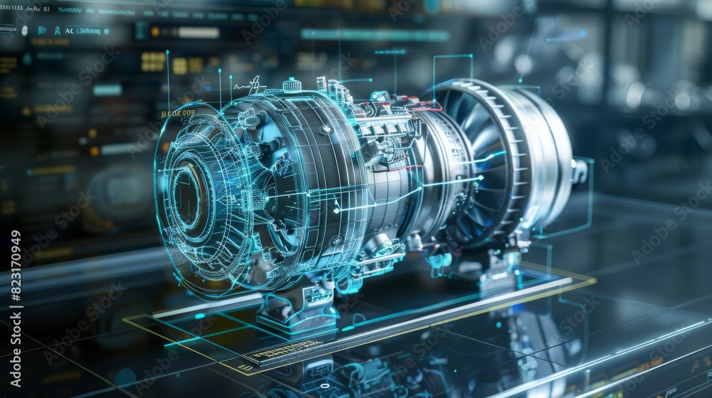 Poster mockup template for cad software with blueprint and 3d models of electric powered green energy jet e
