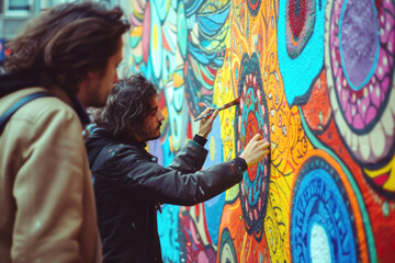 A young artist painting a colorful mural on a city wall, onlookers admiring, depicting city life...