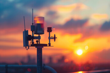 Obraz premium An outdoor meteorological station at dawn, equipped with anemometers and weather vanes against a rising sun, capturing the early detection of weather changes.
