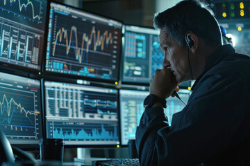 An over-the-shoulder view of a cybersecurity expert analyzing live data on multiple screens, complex graphs and code visible.