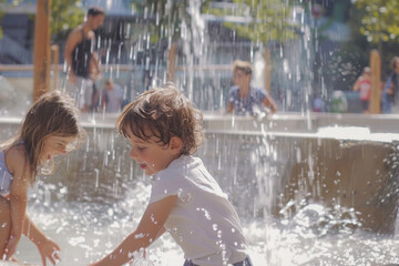 Children playing in an interactive public water fountain, modern art sculptures nearby, parents watching with joy, city life in summer.