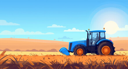 Obraz premium Illustration of a blue tractor working in a field. Agricultural business development concept 