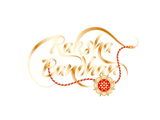Stylish golden Raksha Bandhan text with beautiful rakhi (wristband) on floral pattern blue background.