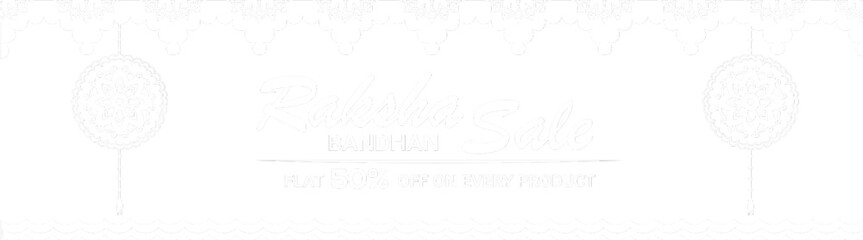 Raksha Bandhan Sale Banner or Header with Hanging Paper Rakhis on Turquoise and White Lacy Pattern Background.