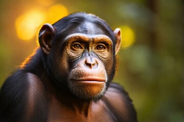 Chimpanzee, Professional wild life photography, in forest, sunset bokeh blur background, animals & birds, cinematic, wallpaper