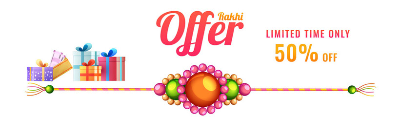 Rakhi Offer Banner or Header Design with Gift Boxes, Pearl Rakhi and Special Offer for Advertising.