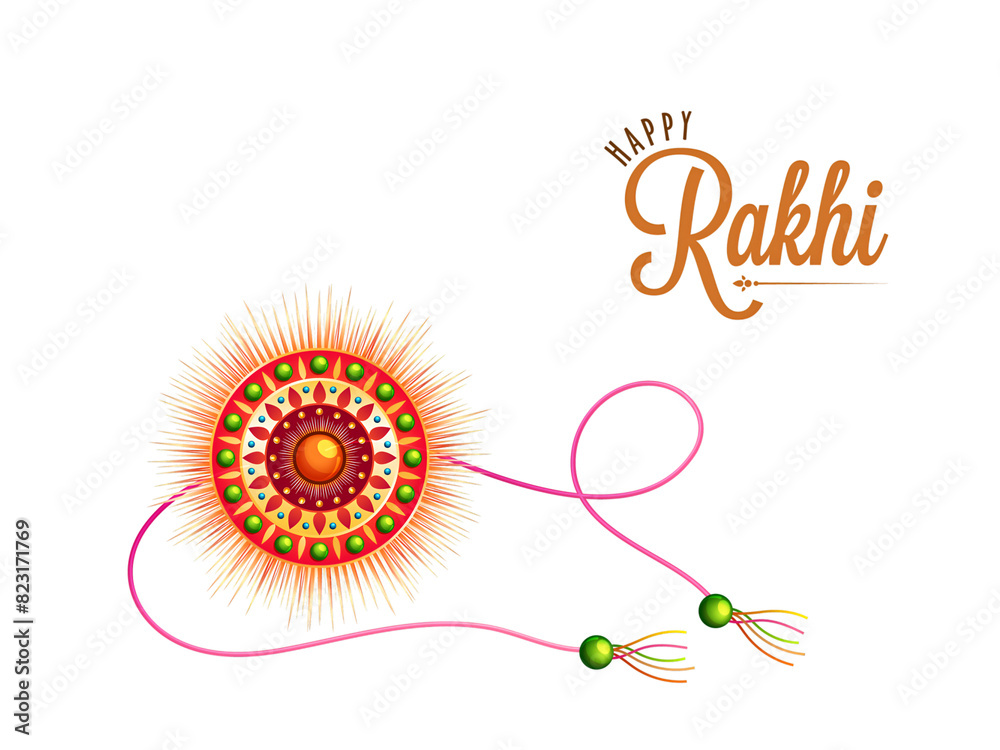 Poster happy rakhi greeting card with beautiful circular rakhi on beige background.