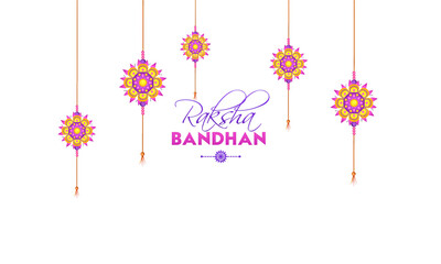 Happy Raksha Bandhan Banner Design with Hanging Beautiful Rakhis on Pink Glossy Background.