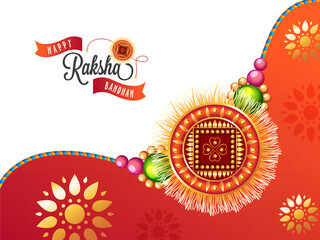 Happy Raksha Bandhan Greeting Card with Beautiful Rakhi on Red and White Background.