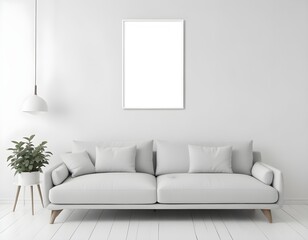 A white sofa with pillows, a poster on a wall, and pendant lights in a bright modern interior. 3D render