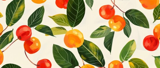 Seamless pattern featuring vibrant hand-painted cherries and lush green leaves on a light background. Perfect for fabric, wallpaper, and design projects.