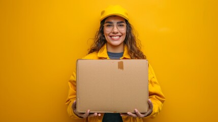 Naklejka premium Vibrant Delivery: Happy Female Courier Holding Large Box on Yellow Background with Copy Space