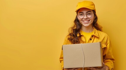 Smiling Female Courier Holding Box on Vibrant Yellow Background with Copy Space - Happy Delivery Service Concept