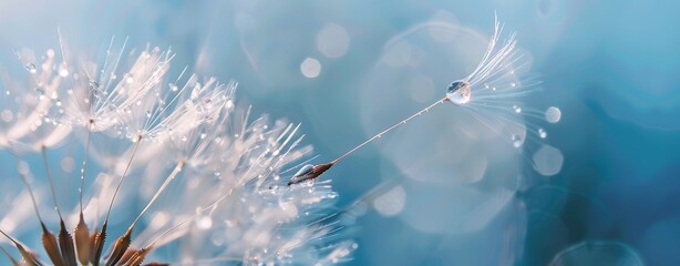 Obraz premium Macro Photography of Dandelion with Water Drops on Blue Background