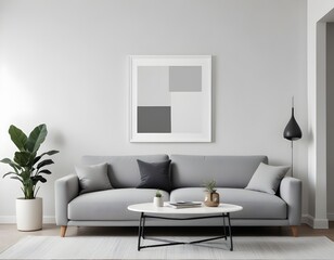 A white sofa with pillows, a poster on a wall, and pendant lights in a bright modern interior. 3D render