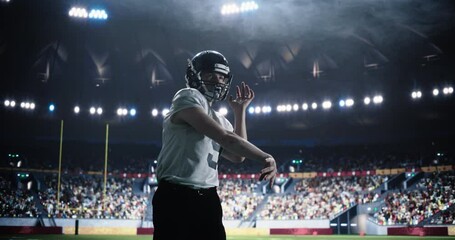 Portrait of an Athletic Caucasian Footballer Throwing a Pass to His Teammate. American Football Player Compete in a Stadium, Illuminated by Bright Lights With a Cheering Crowd in the Background - Powered by Adobe