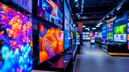 Display of the Latest TVs with Macro Demo Footage. Assortment of High-Quality Television Sets in Contemporary Storefront.