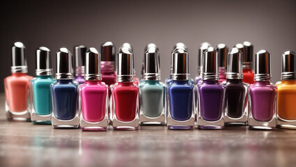The image is of a group of nail polish bottles in various colors. 