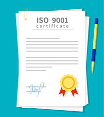 ISO certificate, 9001 document with a gold seal, signature and pen. Vector certificate is clipped to other papers, symbolizing professionalism and high standards in business quality management control