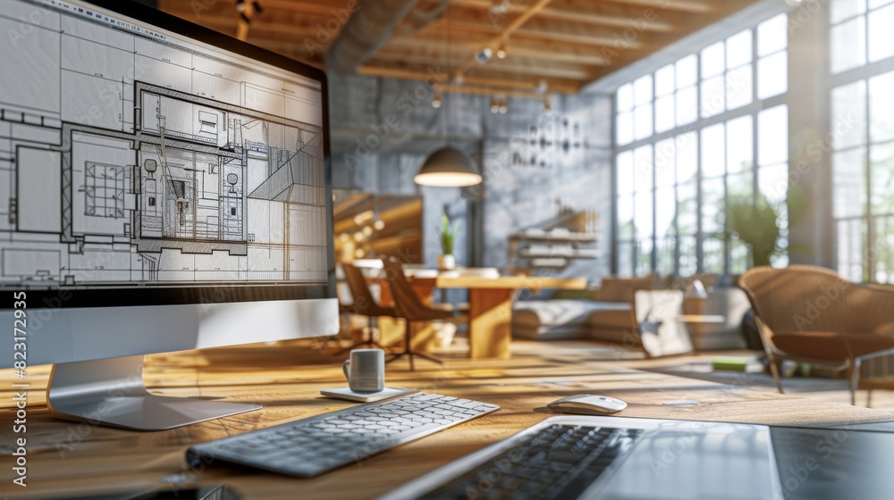 Poster 3d rendering of architectural software with virtual reality visualisation for engineers, designers, 