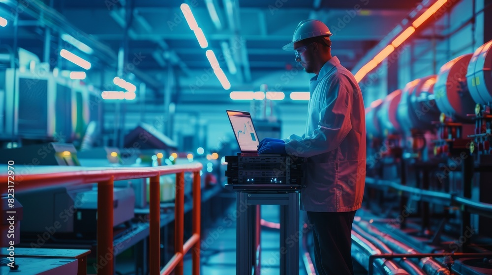 Poster a senior engineer using a laptop computer at an electronics factory, monitoring updates via online s