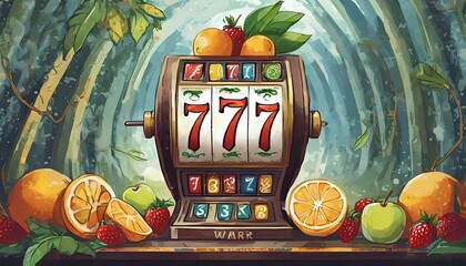 Slot machine with three sevens and fruits, casino art design