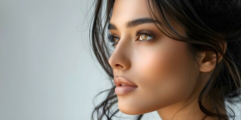 Naklejka premium Closeup of a stunning young Asian Indian model gazing ahead confidently Perfect for advertisements with white backdrop. Concept Fashion Photography, Indian Model, Advertisement Background