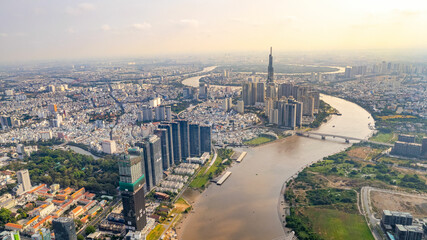 Aerial photo of downtown Ho Chi Minh City, Vietnam's largest city with high-rise buildings next to...