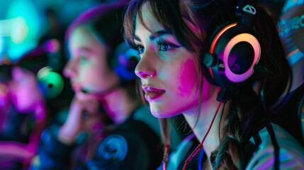 A beautiful gamer girl and her team participate in an eSports tournament. She wears headphones and a bold band.