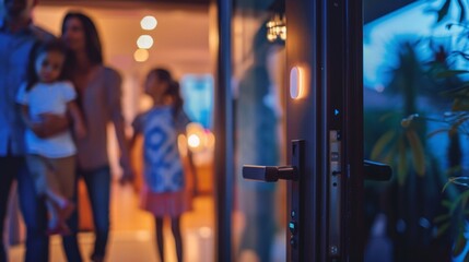 Fototapeta premium A family on vacation using their virtual assistant to control the temperature and lock the doors of their home while they are away.