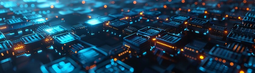 Fototapeta premium Close-up of futuristic circuit board with glowing components. High-tech electronic network concept for innovation and technological advancement.