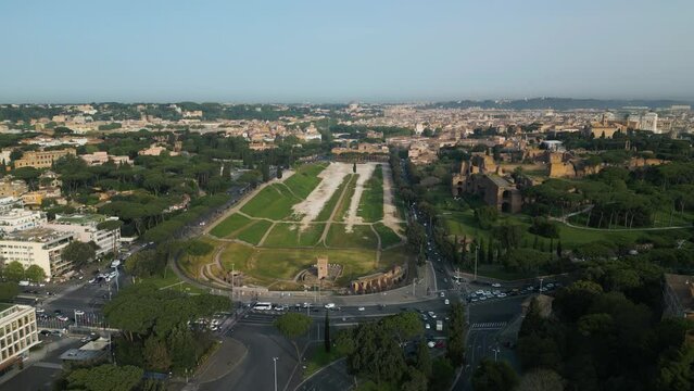 Cinematic Establishing Aerial View Above Circus Maximus - Ancient Roman Stadium for Chariot Racing