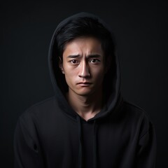 Black background sad asian man realistic person portrait of young teenage beautiful bad mood expression boy Isolated on Background depression anxiety fear burn out