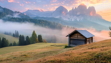 Majestic alpine landscape with wooden hut on grassy hill, dramatic sky above mountains covered in fog at sunrise