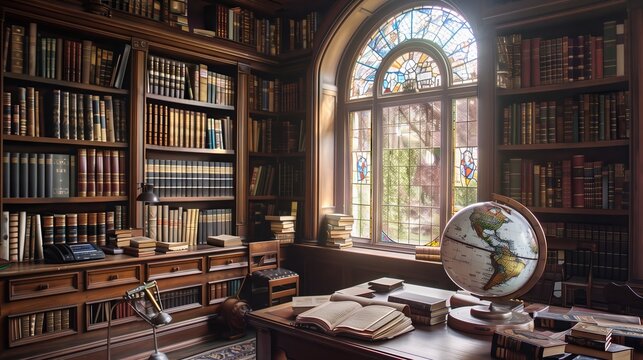 A cozy library corner has shelves of ancient manuscripts and modern textbooks. A globe on a desk under a grand window with stained glass.
