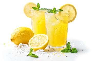 Glass of iced lemonade with lemon slices and mint leaves on an isolated white background