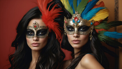 Two women of model appearance in carnival masks and multi-colored feathers