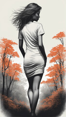 Drawing of an elegant woman in a short white dress among autumn nature, back view
