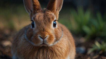 Fluffy brown rabbit looking at the camera, close-up