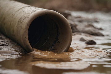 Close-up of a pipe with dirty water flowing out