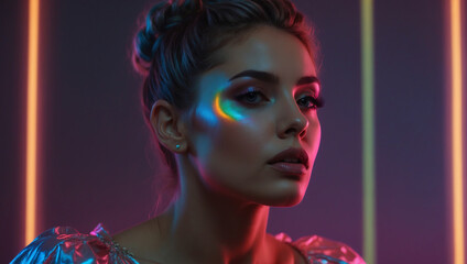 Face of a beautiful young woman, portrait in neon lighting
