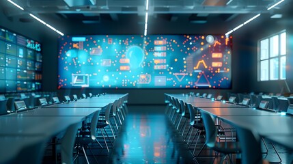 Futuristic Classroom with Interactive Digital Whiteboards and Teaching Assistants Education Technology Concept for the Modern Learning Environment