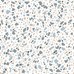 Terazo marble stone seamless pattern. Ceramic stone background. Gray or beige terrazzo mosaic tile, terazzo marble floor, terrazo texture. Vector repeated ornament with colorful chips within a surface