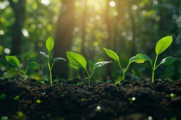 5 small green plants growing in the soil, each with one leaf on it and surrounded by sunlight, set...