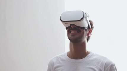 A man joyfully explores virtual reality wearing white VR goggles on a flat white background. Generative AI